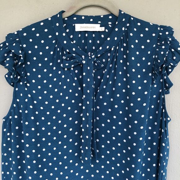 ZIMMERMAN Top Blouse Women’s 2/M Teal Polka Dot Tie Neck Ruffle Sleeve Boho Chic - Picture 2 of 14
